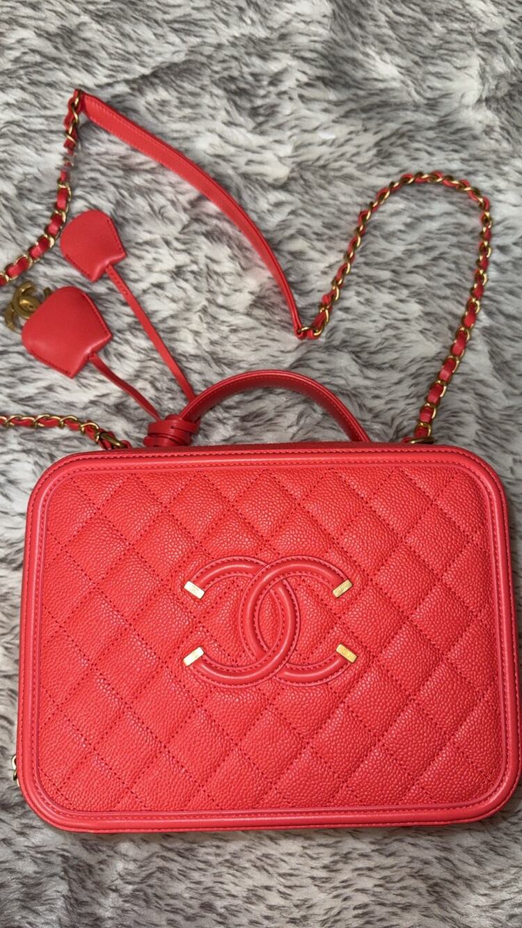 Authentic Chanel Filigree Vanity Case Quilted Caviar Leather Crossbody Bag